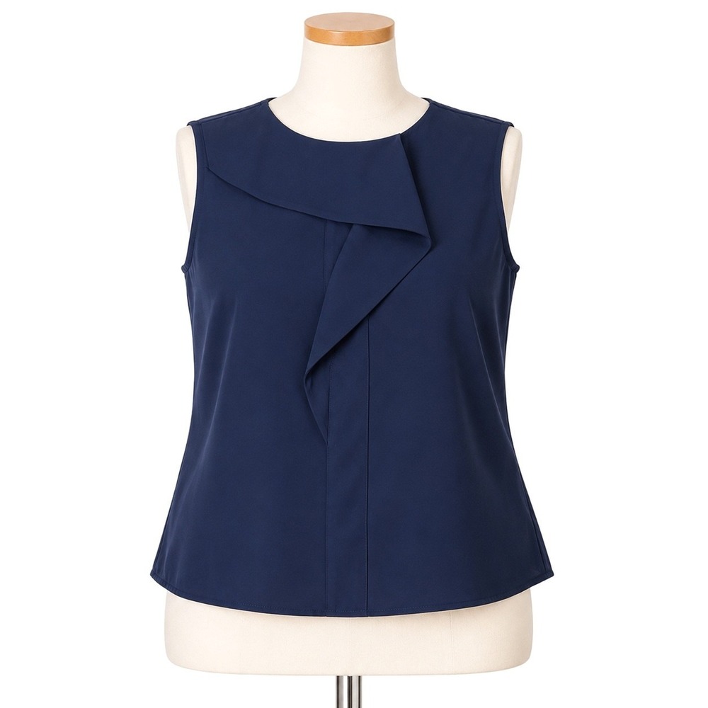 Zara Basic Blouse Women Small Navy Blue Sleeveless Asymmetric Ruffle Button Back